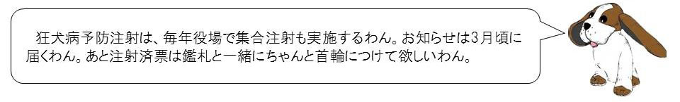 狂犬病予防注射は、毎年役場で集合注射も実施するわん。お知らせは3月頃に届くわん。あと注射済票は鑑札と一緒にちゃんと首輪につけて欲しいわん。