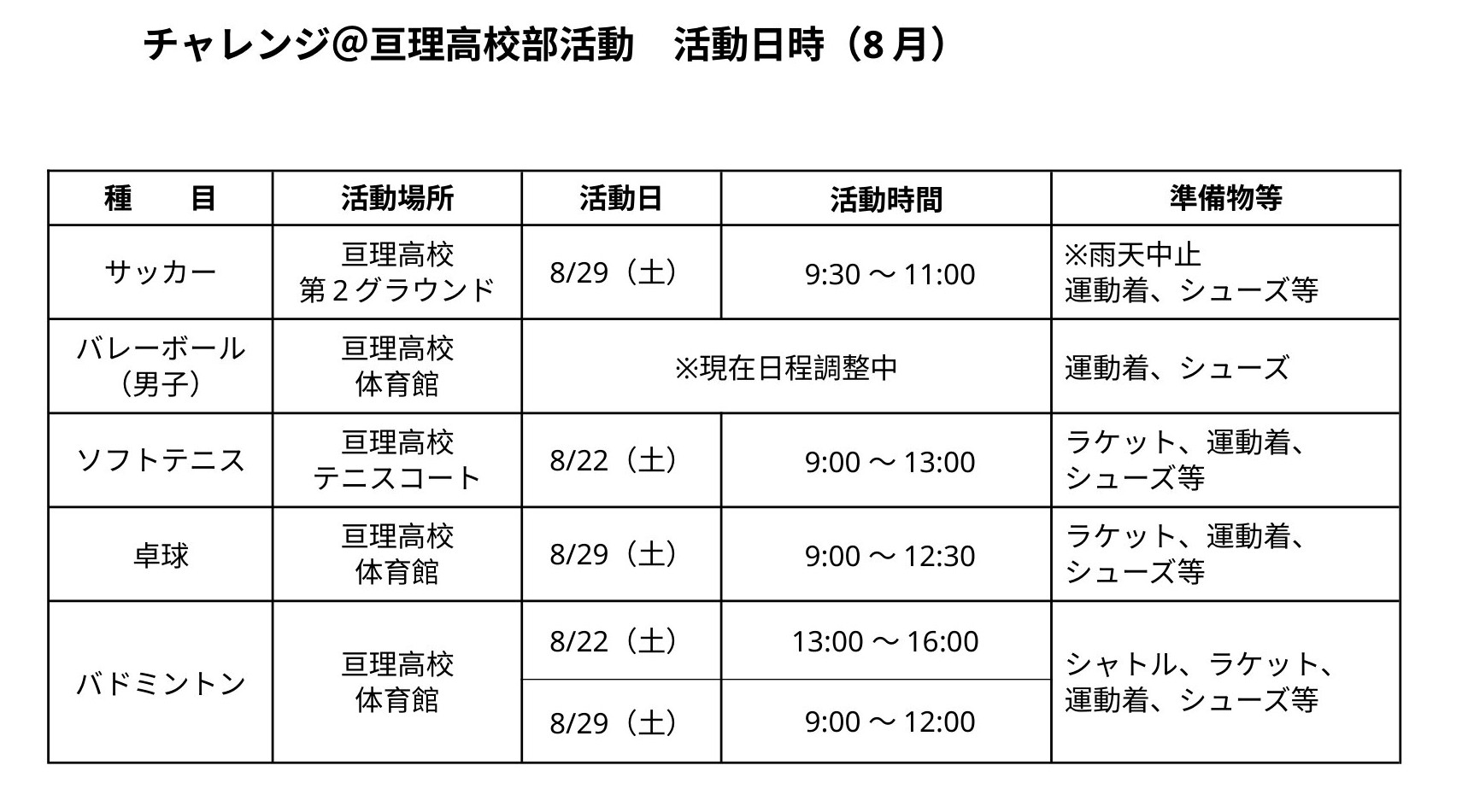 ８月の予定
